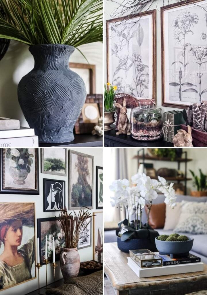 collage of 4 home spaces including mantel, large vase, gallery wall, and coffee table