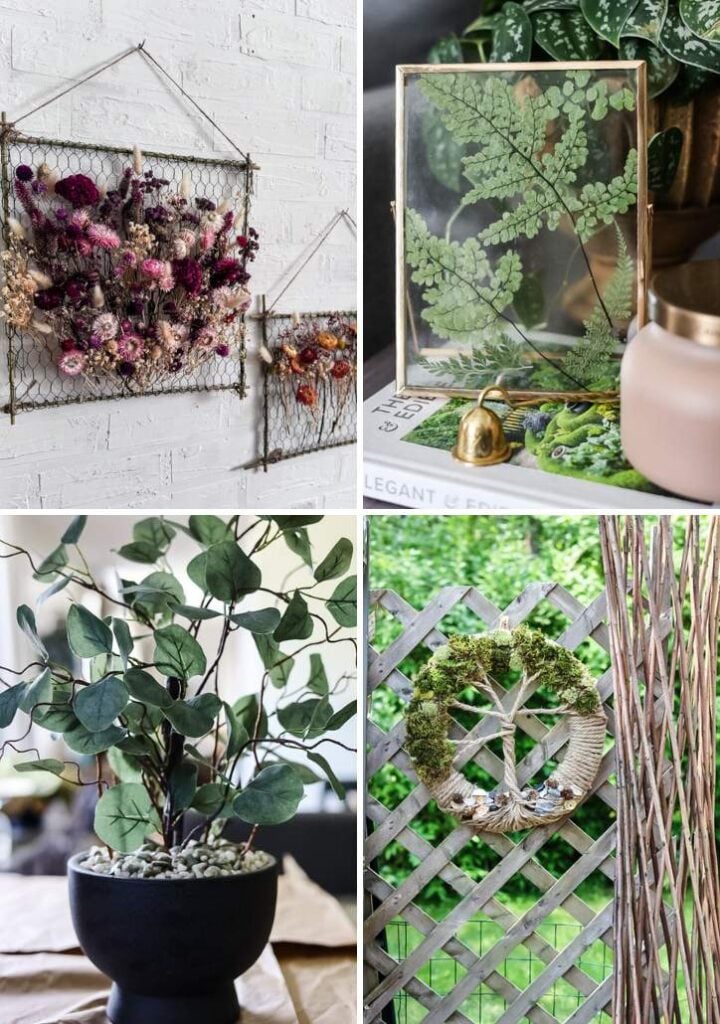 collage of diy home projects including dried flower frames, framed fern, tree wreath, and eucalyptus topiary