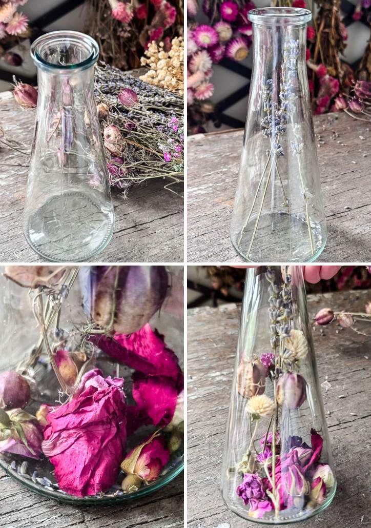 a collage of 4 photos of making a flower herbarium