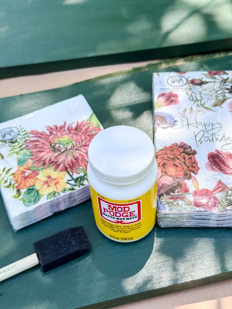 decoupage supplies including mod podge and floral napkins