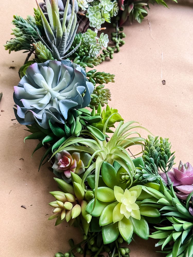 artificial succulent wreath closeup view