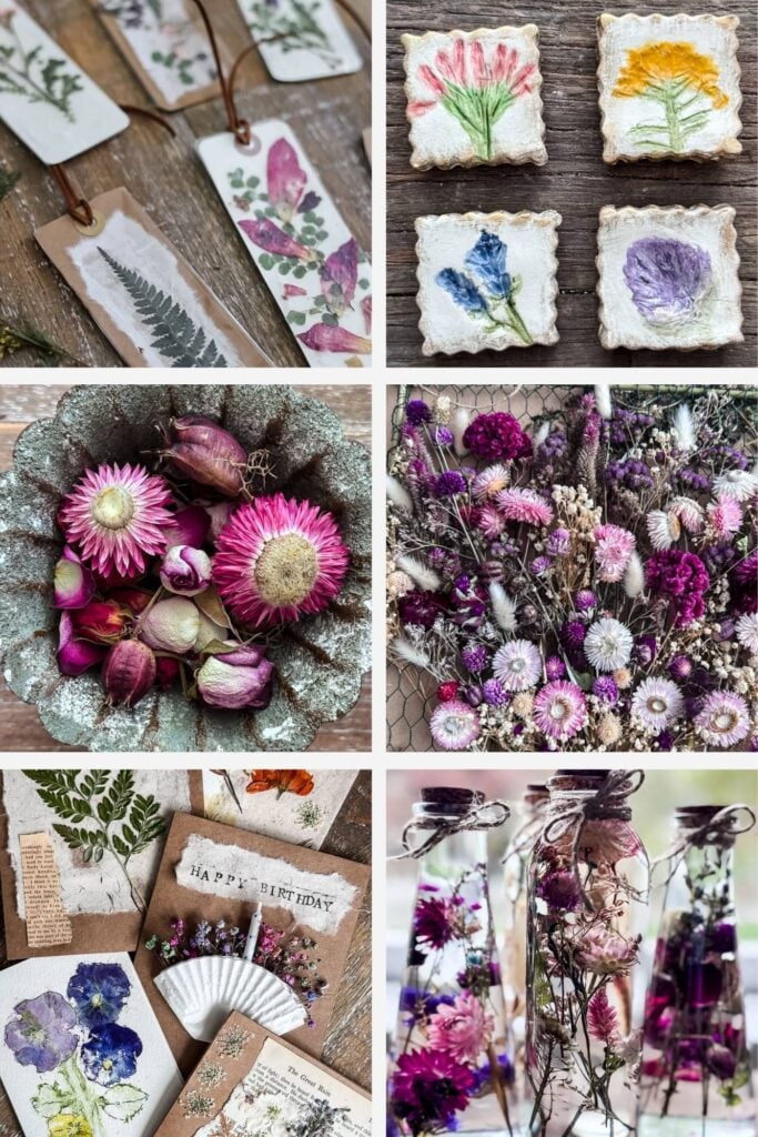 6 photo collage of projects made with flowers