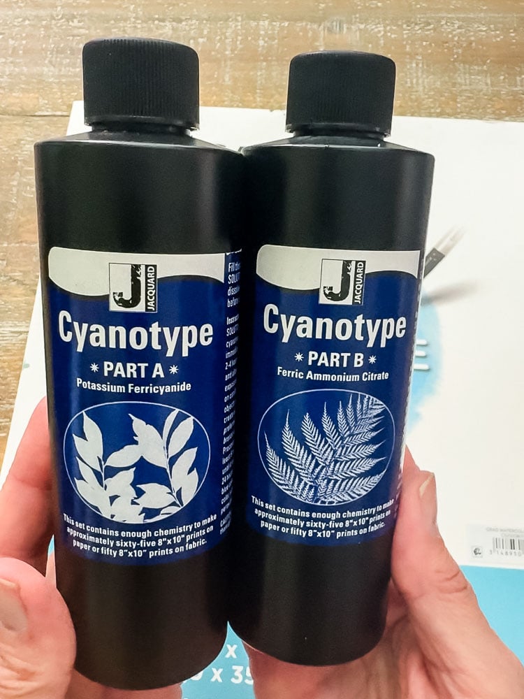 a woman holding bottles of cyanotype chemicals