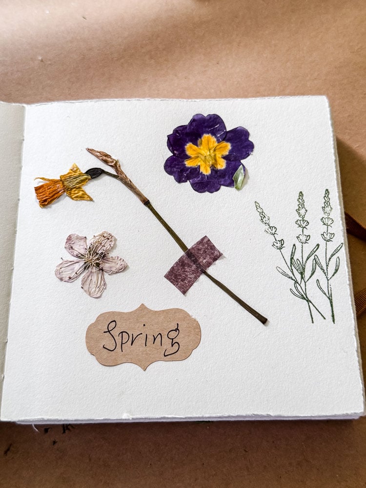 spring flowers glued into a journal