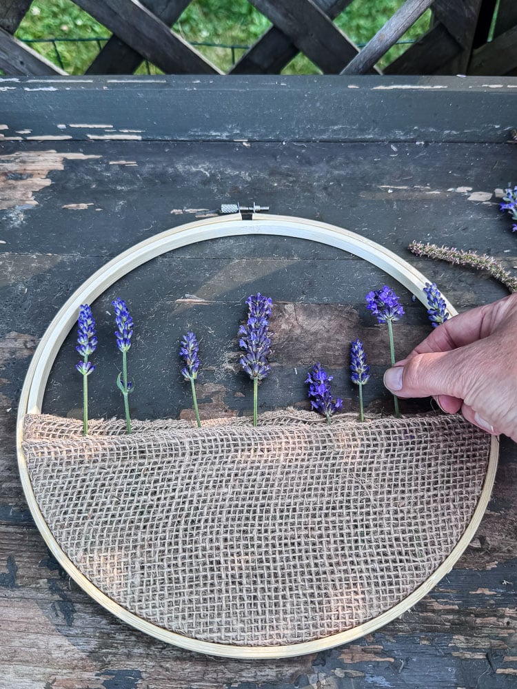 filling an embroidery hoop with flowers