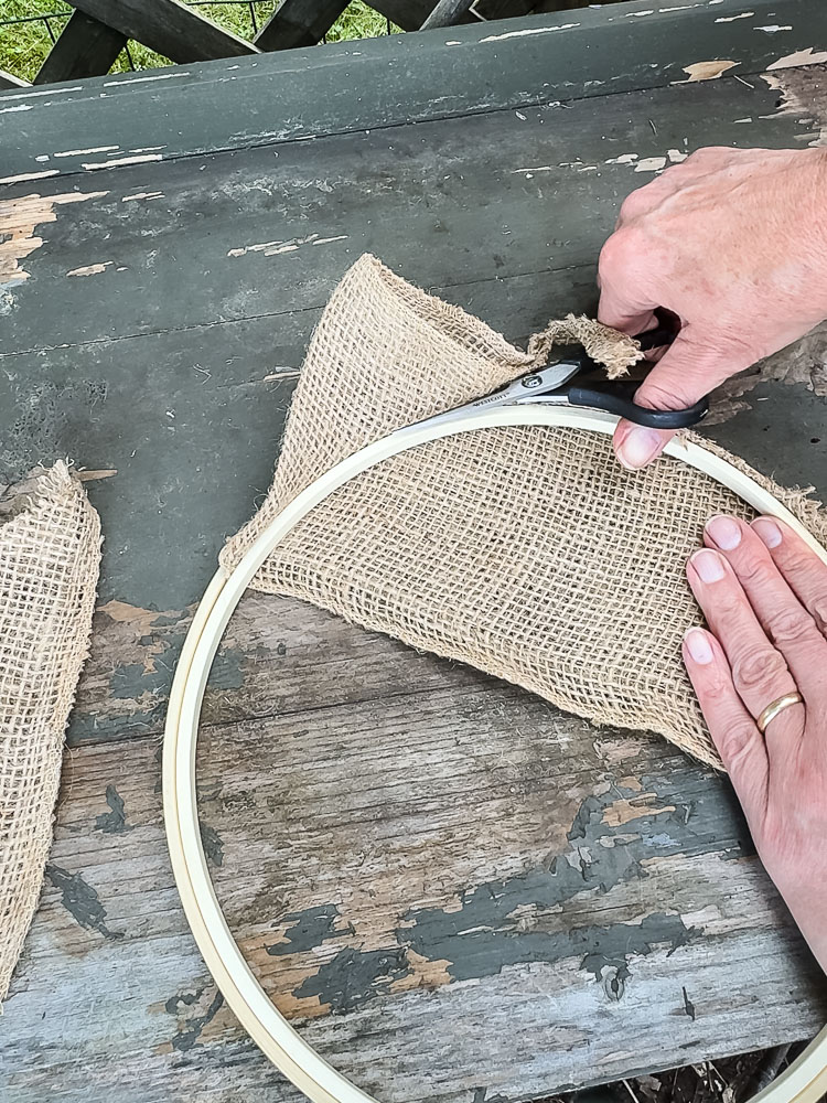 trimming burlap fabric from embroidery hoop