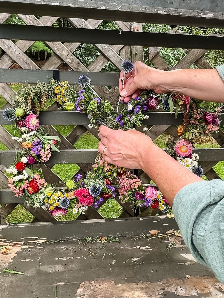 making a butterfly wreath with fresh flowers