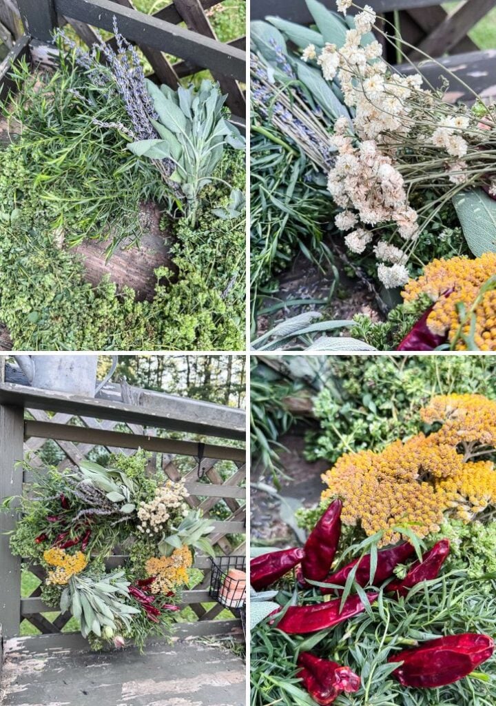 collage of a fresh herb wreath