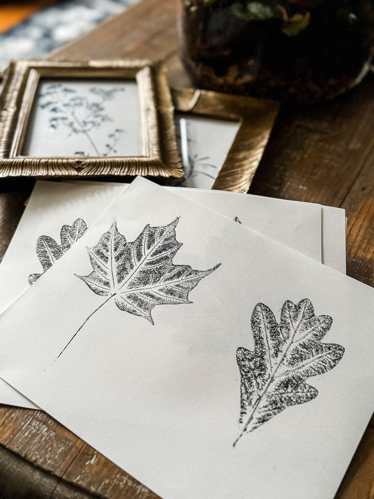 black leaf prints on table with frames