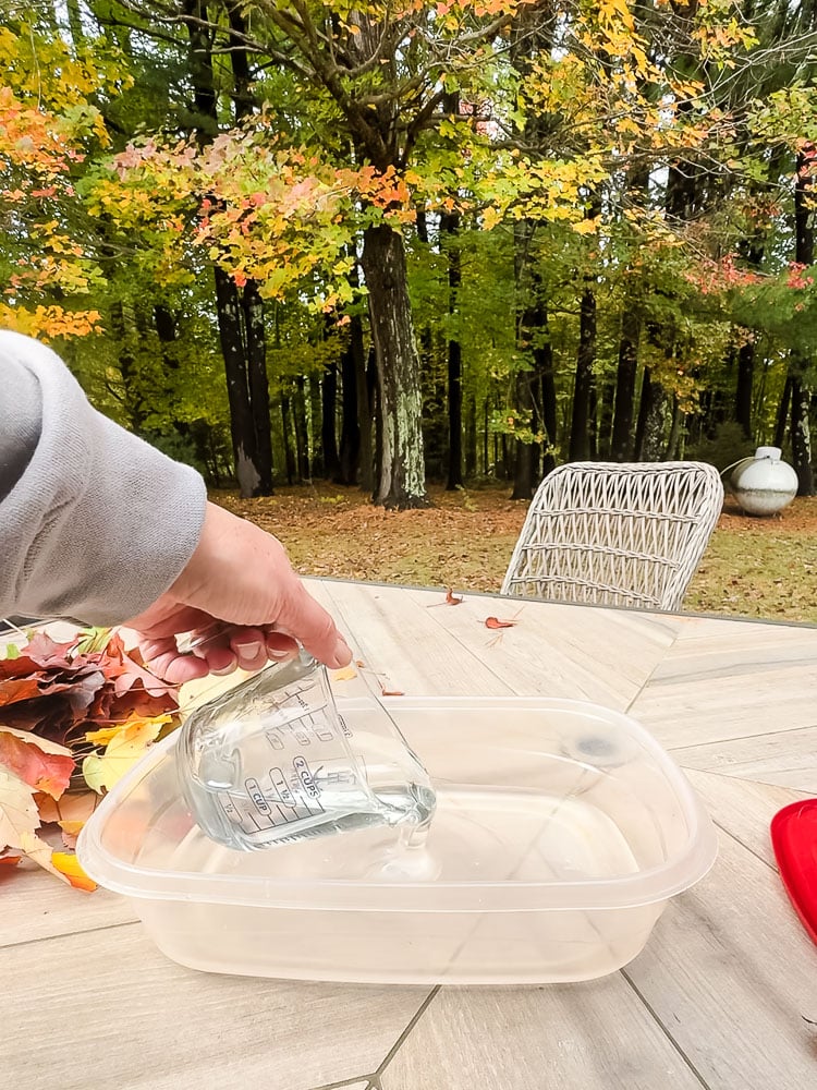 an outdoor table with a plastic storage container on top and a woman is pouring liquid into the container